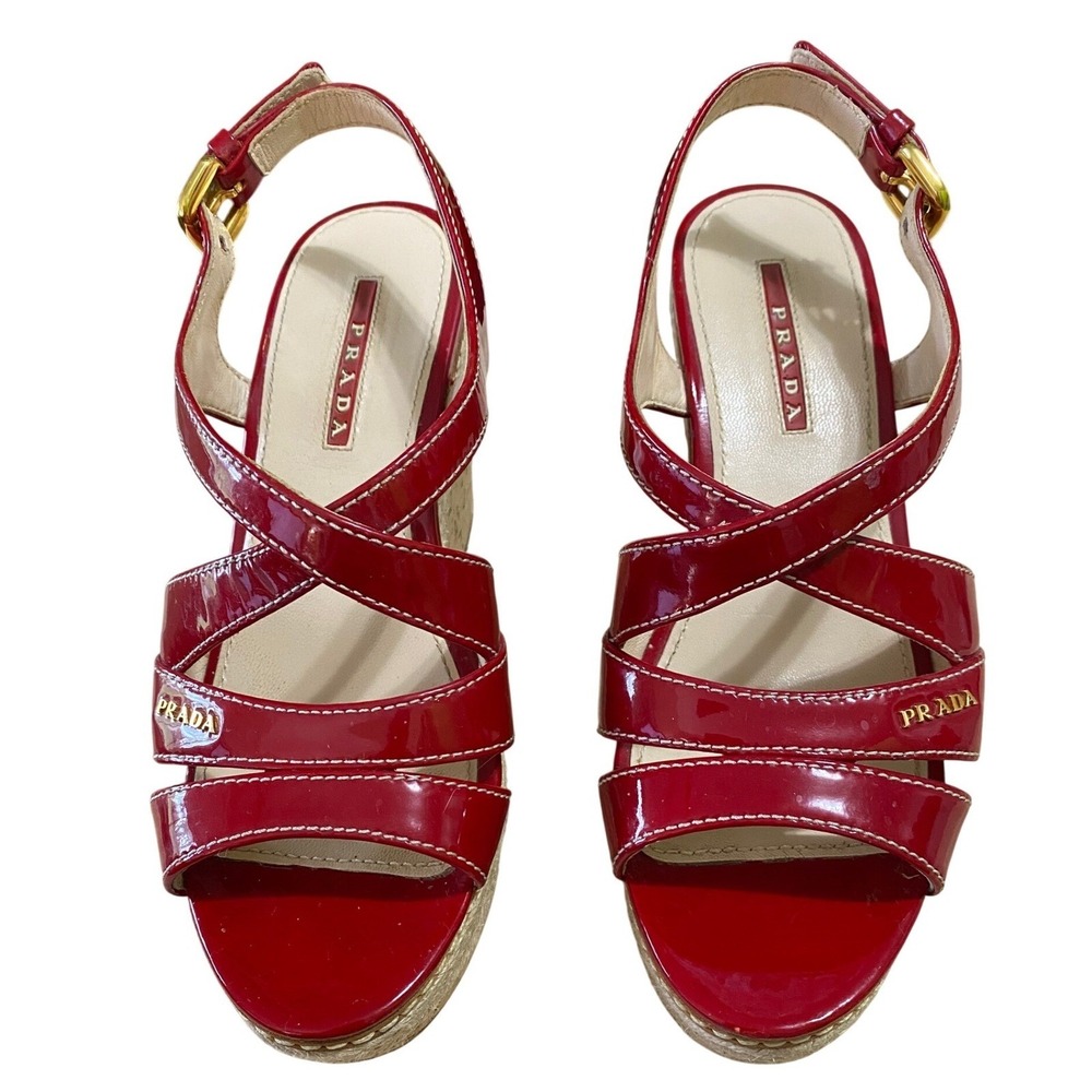 Prada Espadrille Wedge Slingback Sandals Red Patent Leather Size 5.5 Summer Chic - Picture 2 of 12
